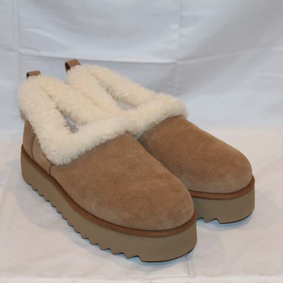 NEW UGG WOMEN'S NITA PLATFORM SUEDE SHEARLING LINED CUFF SLIPPERS SHOES CHESTNUT - Picture 2 of 7